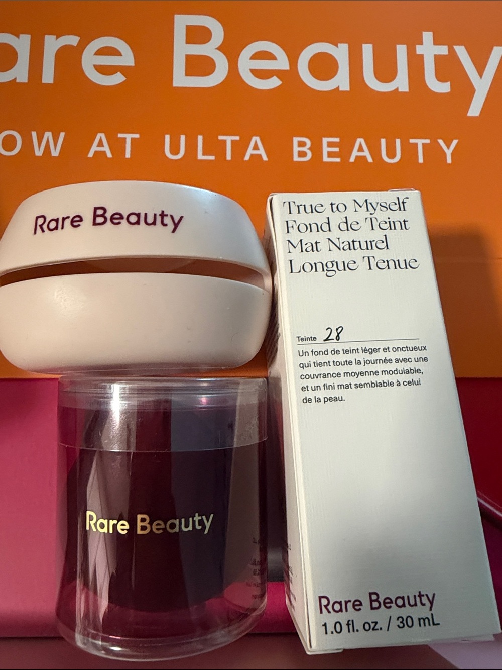 Rare Beauty Pink and White Foundation Jar with Puff and Box